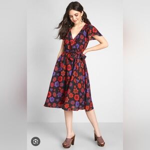 Modcloth Floral Flutter Sleeve Faux Wrap Dress - NWT